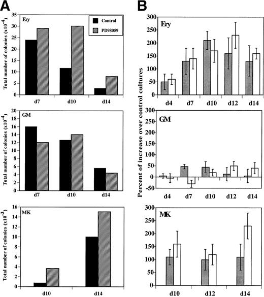 Fig. 8. Evolution of erythroid (Ery), megakaryocytic (MK), and GM clonogenic progenitors in MGDF-induced cultures. Clonogenic progenitors in cultures performed in the absence or the presence of 6 μmol/L PD98059 were quantified at the indicated days by semisolid culture assays as described in Materials and Methods. (A) Total number of colonies formed with control (▪) or PD98059-treated cultures (▨). The results from a representative experiment, where determinations were done in duplicate, are shown. (B) Percent of increase in relative (▩) or total (□) colony numbers obtained with PD98059-treated cells as compared with control cells. Results are mean ± SD of at least 4 independent experiments for each type of colony.