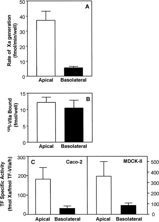 Fig. 1. Expression of cell-surface TF activity and antigen on polarized epithelial cells. (A) TF activity: The apical and basolateral surface domains of Caco-2 cells were incubated with VIIa (10 nmol/L) for 15 minutes at 37°C and TF/VIIa functional activity on each side was measured as the rate of Xa generation in the presence of 175 nmol/L factor X. Data are the mean ± SD of 4 independent experiments performed in duplicates. (B) Binding of 125I-VIIa to cell-surface TF on polarized Caco-2 cells. Both compartments of polarized Caco-2 cells were incubated with 10 nmol/L of125I-VIIa in the presence or absence of polyclonal anti-human TF IgG (100 μg/mL). VIIa bound to the apical (□) and basolateral (▪) surface was eluted by EDTA wash. The specific binding to TF was determined as described in Materials and Methods. Data are the mean ± SD of 5 independent experiments in duplicates. (C) Specific functional activity of TF/VIIa complexes. Specific functional activity of TF/VIIa complexes was calculated by relating the surface TF/VIIa activity with the number of VIIa molecules bound to cell-surface TF sites. Data are the mean ± SD of 4 independent experiments in duplicates.
