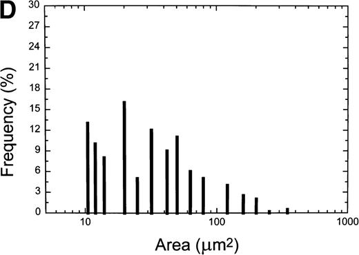 Fig. 6. The effect of the S-nitroso-AR545C or AR545C on platelet interaction with ECM under flow conditions (shear rate of 1,300 s−1). Citrated whole blood (0.25 mL) was tested in the cone-plate viscometer analysis system after a 10-minute preincubation with either control buffer, 1.5 μmol/L AR545C, or 1.5 μmol/L S-nitroso-AR545C, and shown in representative field of the video screen (A, B, and C, respectively). The corresponding frequency histograms (D, E, and F, respectively) for the size distribution of the adhered platelets and platelet aggregates are also depicted.
