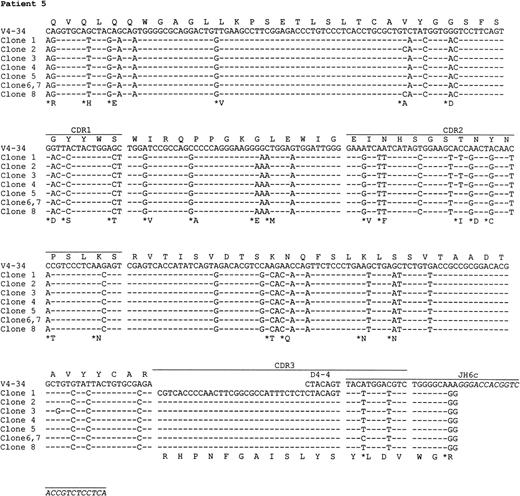 Fig. 2. Nucleotide and deduced amino acid sequences of VH genes derived from PCNSL. Comparisons were made with the most homologous germ line VH genes. Dashes represent identity with the representative germ line sequence. Replacement amino acids are starred. Blank space indicates nucleotide deletion. The binding sites for JHprimers are shown in italics. For patients 1 and 4, full JHsequences are shown for the clones obtained by PCR using the VH leader and the Cμ primers. Clones with nucleotide deletions in case 1 are underlined. The VH gene sequences have been deposited to the EMBL database with following accession numbers: patient 1, AJ235649-AJ235661; patient 2,AJ235662; patient 3, AJ235663; patient 4, AJ235664-AJ23566; patient 5,AJ235671-AJ235678.