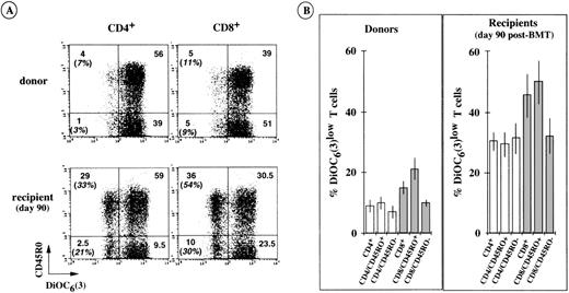 Fig. 8. Susceptibility to enhanced spontaneous apoptosis in vitro of T subpopulations according to CD45RO isoform expression. (A) A typical triple-color immunofluorescence analysis performed with the cells of UPN 440 and his bone marrow donor. The values in brackets are the percentages of apoptotic cells (DiOC6(3)low) within the CD45RO+ and CD45RO− T-cell subpopulations. (B) Similar analyses performed with the cells of 6 other BMT patients and their corresponding bone marrow donors. The histograms show the means ± SD of individual determinations.