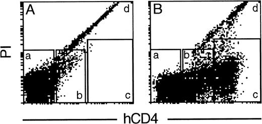 Fig. 4. Fractionation of transgenic bone marrow cells by hCD4 level. Flow cytometric analysis of cells from a HS21/45vav-hCD4 mouse incubated in the absence (A) or presence (B) of a labeled anti-hCD4 MoAb. Cells within windows a, b, and c were sorted for clonogenic assays. In the representative experiment shown (1 of 3), 8% of viable nucleated cells fell in fraction a (low to negative for surface hCD4), 42% in fraction b (intermediate hCD4), and 50% in fraction c (high hCD4). Most erythrocytes fell in fraction a and the dead cells (9% of the total cells) in fraction d.