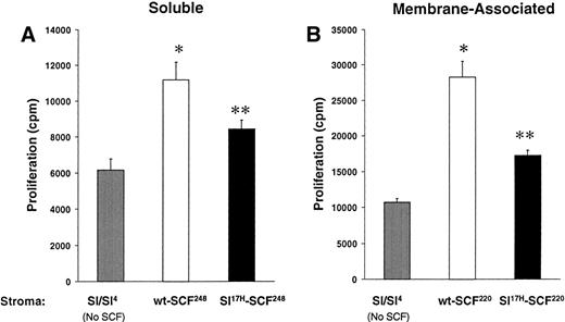 Fig. 7. A comparison of the biological activity of wt-SCF248 and wt-SCF220 withSl17H-SCF248 andSl17H-SCF220 isoforms of SCF. G1E-ER2 cells were cocultured for 24 to 48 hours with parentalSl/Sl4 stromal cells or (A) stable stromal cell transfectants expressing wt-SCF248 orSl17H-SCF248 SCF or (B) stable stromal cell transfectants expressing wt-SCF220 orSl17H-SCF220 SCF. Proliferation was measured by thymidine incorporation assay. Results show the mean ± SEM of a representative experiment performed at least twice with more than 1 clone in replicates of 6. *P < .05Sl/Sl4 v wt (SCF248 and SCF220); **P < .05 Sl/Sl4 v Sl17H (SCF248 and SCF220); and P < .05 wt (SCF248 and SCF220) v Sl17H(SCF248 and SCF220). Note difference in scale between (A) and (B).
