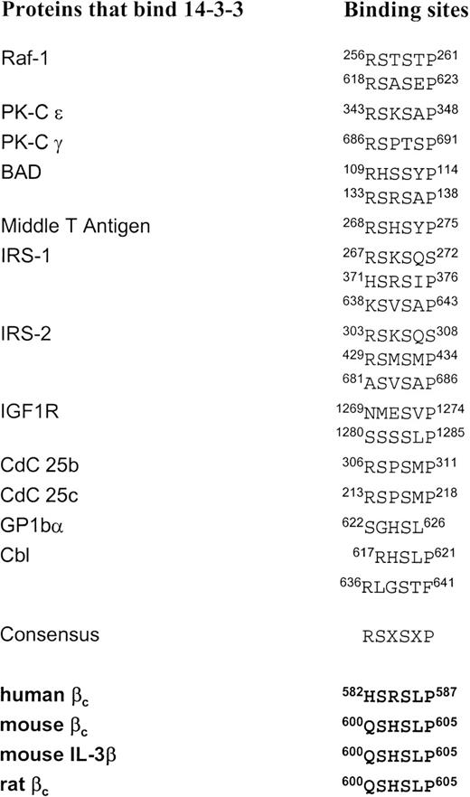 Fig. 2. Comparison of sequences in signaling molecules known to bind 14-3-3ζ and the derived consensus 14-3-3 binding motif. The sequences in human, mouse, and rat β chains similar to the consensus are also shown.