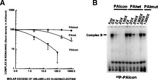 Fig. 2. Relative affinity of D dimer-induced proteins for the PAI-1 AP-1–like sequence and the AP-1 consensus sequence. Nuclear proteins from D dimer-exposed fibroblasts (1 μmol/L for 45 minutes) were analyzed by EMSA with a 32P-PAIcon oligonucleotide (−66 to −45, del-55; TGAGTCA). The indicated molar excesses of unlabeled PAIcon, PAIwt (TGAGTTCA; PAIwt) or PAImut (TGTGTTTG) oligonucleotides were added to the binding reactions, and the reactions were analyzed by EMSA. Band densities of the retarded B complexes were quantified on a phosphorimager. (A) Quantitative competition of protein binding to32P-labeled PAIcon by unlabeled PAIcon, PAIwt, and PAImut. Data are plotted as band radioactivity (mean + SE) relative to that with no unlabeled PAIcon. (B) Representative EMSA autoradiogram. Lane 1, free labeled PAIcon probe; lanes 2 through 5, labeled PAIcon with indicated molar excesses of unlabeled PAIcon added to the protein binding reaction; lanes 6 through 9, labeled PAIcon with indicated molar excesses of unlabeled PAIwt; and lanes 10 and 11, labeled PAIcon with indicated molar excess of unlabeled PAImut.