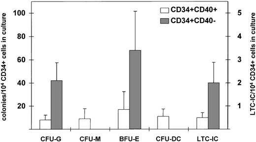 Fig. 7. CFU-C and LTC-IC in CD34+CD40+ and CD34+CD40− blood cells. Purified CD34+CD40+ and CD34+CD40− blood cells were tested for their clonogenic activity in semisolid medium, and the results show the mean number ± SEM of colonies/104 cells plated according to the scale on the left side of the figure (n = 3 experiments) and for their content of LTC-IC. The results show the mean number ± SEM of LTC-IC/104 cells plated according to the scale on the right side of the figure (n = 3 experiments). Differences in the number of colony units between CD34+CD40+ and CD34+CD40− blood cells are not statistically significant.