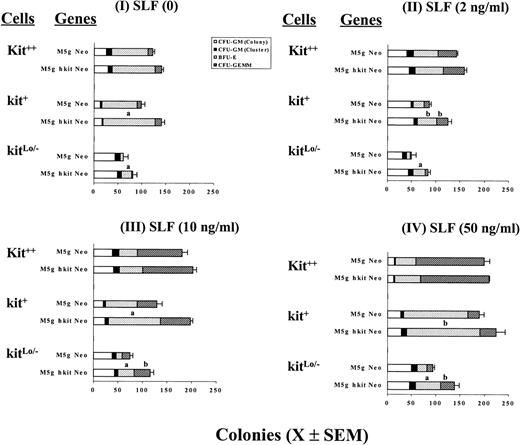 Fig. 3. Influence of cytokines on colony formation by CD34+++kit++, kit+, and kitLo/− cells transduced with c-kit cDNA. Sorted cells were prestimulated with full dosages of IL-3 (200 U), GM-CSF (200 U), Epo (1 U), and IL-6 (10 ng/mL) and then transduced withc-kit cDNA (M5g hkit Neo) or mock (M5g Neo) viruses as described in Materials and Methods. After washing, cells were assayed at 800 cells/mL for colony formation in semisolid culture in the presence of IL-3, GM-CSF, and Epo with SLF at 0 (I), 2 (II), 10 (III), and 50 (IV) ng per mL in the serum-depleted cultures as described in Materials and Methods. Results are expressed as mean ± SEM from 1 representative of 3 separate experiments. Significant differences from mock virus control are: aP < .01;bP < .05.