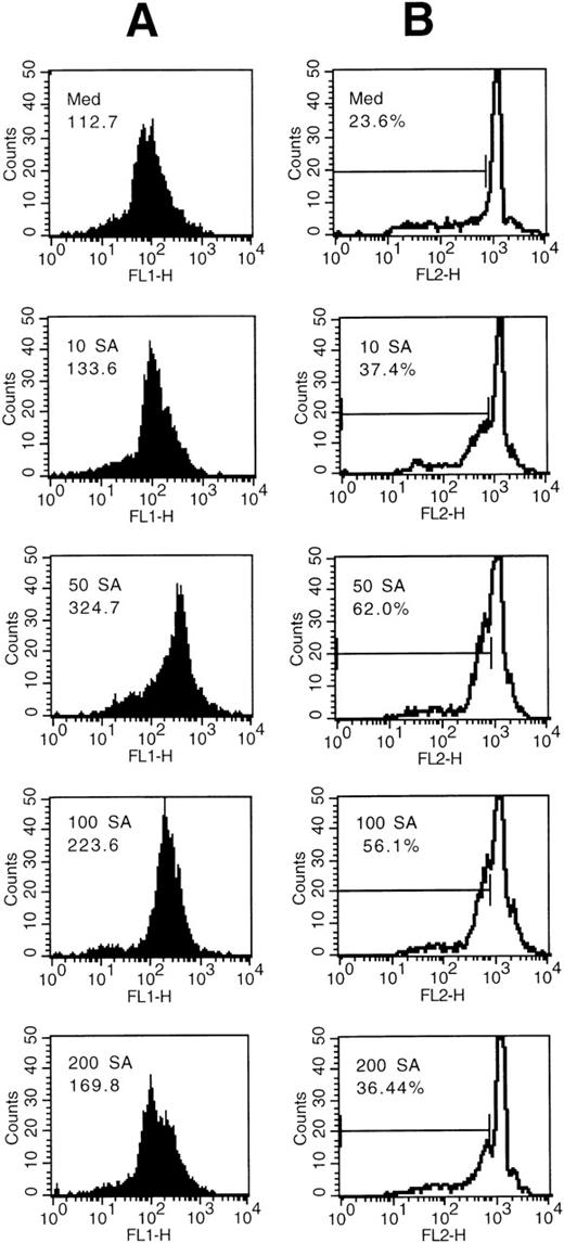 Fig. 4. (A) Dose response of intracellular oxidation by SA. Eosinophils were incubated with medium control or the indicated concentration of SA (μmol/L). The mean green fluorescence representing the intracellular release of H2O2as determined by augmented R123 fluorescence (FL 1-H) is indicated. (B) Intracellular H2O2 increase (A) was associated with increased percentages of apoptotic nuclei. Eosinophils were incubated for 19 hours with medium control or the indicated concentration of SA and the hypodiploid DNA peak was measured using the PI method. Nuclei were flow cytometrically analyzed and data plotted on log histograms as red fluorescence intensity (x-axis) versus relative cell number (y-axis). Percentages of hypodiploid DNA peaks corresponding to apoptotic nuclei are indicated.