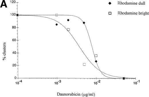 Fig. 8. Dose-response curves of daunorubicin. In a single-cell clonogenic assay, RhoD and RhoB leukemic blasts and prestimulated RhoD cells with HGFs for 48 hours were exposed to increasing concentrations of anthracycline. Proliferation was expressed as the percentage clusters (>10 cells/well) in medium A with daunorubicin compared with the control (medium A without daunorubicin). The IC50 of daunorubicin of RhoD and RhoB cells of patient no. 1 (A) were 0.008 μg/mL and 0.004 μg/mL and of patient no. 5 (B) 0.006 μg/mL and 0.003 μg/mL, respectively. The IC50 of daunorubicin of RhoD cells of patient no. 5 decreased from 0.006 μg/mL to 0.003 μg/mL after prestimulation with HGFs (B).