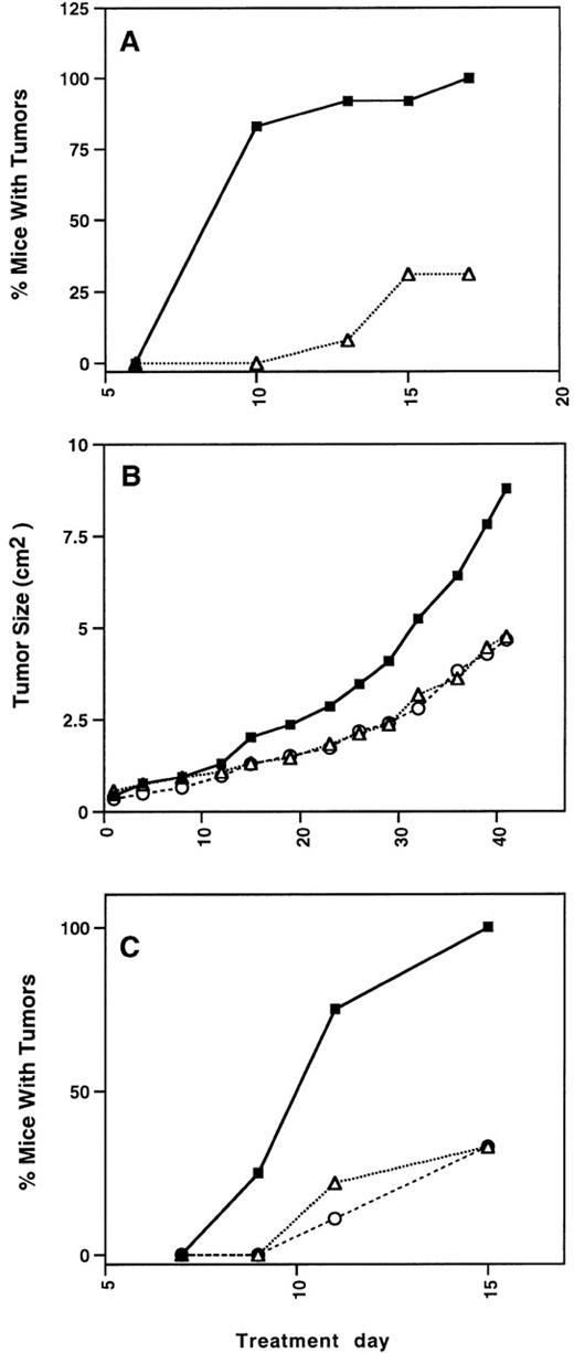 Fig. 8. Calreticulin and calreticulin fragments inhibit tumor growth. Burkitt lymphoma cells (CA46 cell line, 1 × 107cells) were inoculated sc into BALB/c athymic mice, 6 weeks of age. (A) Beginning on the day of cell inoculation and continuing thereafter daily, 6 days/week, 12 mice were inoculated with control GST protein (▪, 20 μg/d × 14 days), and 13 mice were inoculated with GST-calreticulin (▵, 60 μg/d × 14 days). (B) Beginning on the day of tumor appearance, 5 mice were inoculated with control MBP protein (▪, 12.5 μg/d), 4 mice were inoculated with MBP-calreticulin (▵, 12.5 μg/d), and 4 mice were inoculated with MBP-vasostatin (○, 12.5 μg/d). (C) Beginning on the day of cell inoculation and continuing thereafter daily, 6 d/wk, 8 mice were inoculated with control MBP (▪, 20 μg/d × 14 days), 9 mice were inoculated with MBP-vasostatin (○, 30 μg/d × 14 days), and 9 mice were inoculated with ▵120 calreticulin (▵, 30 μg/d × 14 days).