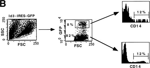 Fig. 4. Overexpression of Id3 inhibits differentiation of B cells from CD34+CD38−CD10− FL uncommitted precursors but does not affect development into monocytes. CD34+CD38−CD10− FL cells were sorted, incubated with retroviral supernatant harboring the Id3-IRES-GFP sequence, and subsequently cocultured with S17 stroma. After 18 days, the cells were harvested and expression of B-cell (A) and monocyte (B) antigens was analyzed by flow cytometry. Thirty-two percent of the cells were GFP+ 2 days after transduction. A representative experiment of 3 performed is shown.