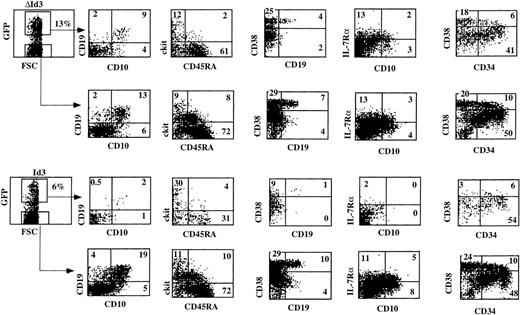 Fig. 5. Id3 inhibits B-cell development at an early stage of development. The inhibition by Id3 is much stronger than by a mutant of Id3 that is unable to dimerize with bHLH factors. CD34+CD38−CD10− FL cells were sorted, transduced either with Id3-IRES-GFP or with Did3-IRES-GFP, and subsequently cocultured with S17 stroma. After 14 days, the cultures were analyzed with the indicated antibodies. This experiment is representative of 3 similar experiments.