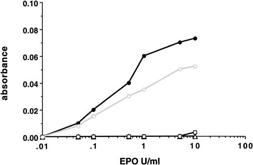 Fig. 5. 32D cells containing EPO-R(W282R) or EPO-R(YF) do not proliferate in response to EPO. (•) MTT assay of 32D clones containing wild-type EPO-R; (○) EPO-R(1-373); (▵) EPO-R(W282R); and (□) EPO-R(YF). Data presented are from a single representative clone of each.