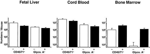Fig. 2. Total human (CD45/71+) and mature erythroid (glycophorin A+) cells in NOD/SCID mice transplanted with equivalent grafts of human fetal liver, cord blood, or adult marrow cells and then injected with recombinant human growth factors (▪) or not (□) as described in the text. The difference plus and minus growth factors for all pairs was not significant (P > .05) except for glycophorin A+ cells in the mice transplanted with adult marrow (P << .001).