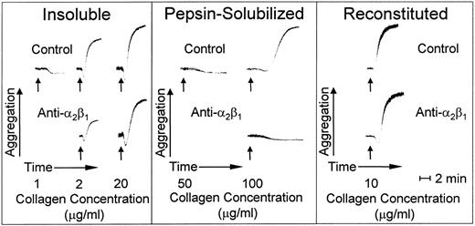 Fig. 5. Platelet aggregation induced by type I collagen fibrils with distinct morphologies. Aggregation at 37°C is shown as an increase in light transmittance. The arrows indicate addition of agonist at the final concentrations indicated. The pH of all collagen preparations was adjusted to 7.4 immediately before adding to platelet-rich plasma. The anti-2β1monoclonal antibody was added as indicated at a final concentration of 100 μg/mL, which was shown to produce a maximum specific effect.