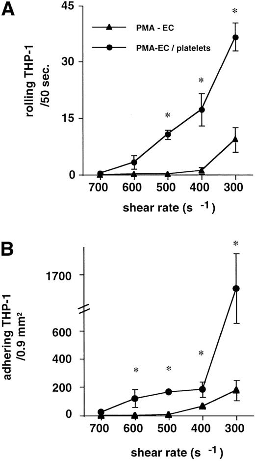 Fig. 2. Addition of 3:1 platelets to the THP-1 suspension causes a left shift in the shear response. THP-1 cell rolling and adhesion to PMA-activated HUVEC (▴) was only detectable at shear rates less than 400 s−1. The addition of 3 TRAP-activated platelets per THP-1 cell (•) supported dynamic and firm interactions up to 600 s−1. Rolling (A) and adhesion (B) of THP-1 cells similarly increased with the addition of activated platelets to the suspension (n = 6, for each condition, *P < .01v PMA-activated HUVEC in the absence of platelets).