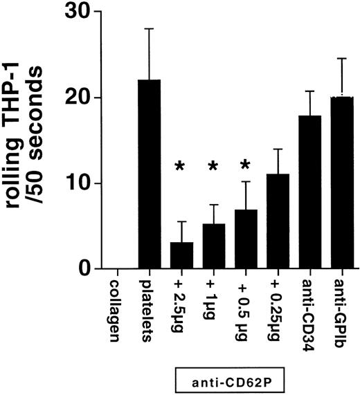 Fig. 4. THP-1 cells rolled on deposited platelets in a P-selectin–dependent fashion (anti-CD62P). There was no interaction in the absence of platelets on the coverslip (collagen). Anti-CD34 and anti-GPIb antibodies did not interfere with rolling (n = 4, *P < .05 v platelets).