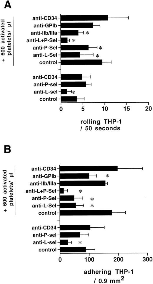 Fig. 7. Rolling of THP-1 cells on PMA-activated HUVEC was to a large extent mediated by L-selectin. P-selectin inhibition did not yield a blocking effect. After the addition of activated platelets (ratio 3:1), L- and P-selectin blocking resulted in an inhibition of rolling and a concomitant reduction of adhering monocytes. GPIIb/IIIa blockade resulted in reduced rolling, whereas GPIb inhibition reduced adhesion of complexes without affecting rolling of THP-1 cells in the presence of platelets (n = 4 for each condition, *P < .05).
