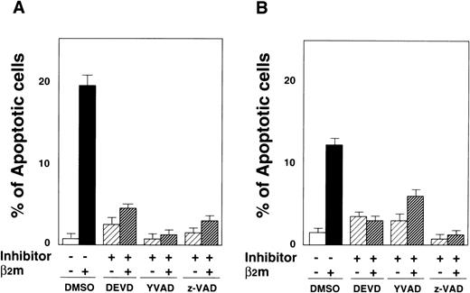 Fig. 6. The effect of Ac-DEVD-CHO (CPP32/Apopain-like protease inhibitor), Ac-YVAD-CHO (ICE-like protease inhibitor), and Z-VAD-FMK (pancaspase inhibitor) on induction of apoptosis by β2m. (A) K562 cells were preincubated for 3 hours in the presence of 3 caspase inhibitors separately, each at 100 μmol/L. After that, these cells were exposed at 1 × 105 cells/mL to 10 μg/mL of β2m at 37°C for 48 hours. (B) CCRF-CEM cells were similarly preincubated with the 3 caspase inhibitors separately and exposed to β2m. Control cells were cultured with the addition of 0.3% DMSO. Apoptotic cells were assayed by TUNEL. Data are expressed as the mean ± SE of 3 independent experiments.