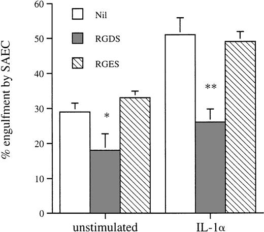Fig. 5. The effect of the tetrapeptides RGDS and RGES on the recognition and engulfment of apoptotic eosinophils by resting or IL-1–stimulated SAEC (10−10 mol/L for 20 hours). Washed apoptotic eosinophils were resuspended in HBSS containing the tetrapeptides to give a final concentration of 2 mmol/L before use in the interaction assay. Each point represents the mean ± SEM of 5 experiments (*P < .05, **P < .001).