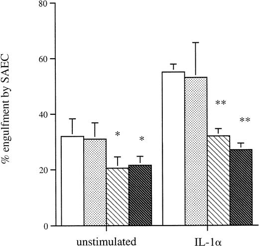 Fig. 6. The effect of preincubation of resting or IL-1–stimulated SAEC (10−10 mol/L for 20 hours) with isotype-matched (□) control or MoAb to the () VNR, (▧) CD36, or (▩) CD11b before their interaction with washed apoptotic eosinophils. All MoAbs were used at a final concentration of 50 μg/well. Each point represents the mean ± SEM of 4 experiments (*P < .05, **P < .001).