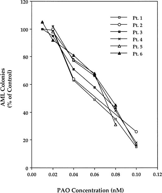 Fig. 10. Effect of PAO on fresh AML blast colony-forming cells. After adherent cell fractionation of adherent cells and depletion of T lymphocytes, remaining cells were cultured in a clonogenic assay with PAO at concentrations ranging from 0.01 to 0.1 μmol/L. AML colonies are presented as the percentage of control (the mean number of colonies obtained in the absence of PAO). Data from patients no. 1 through 6 are depicted.