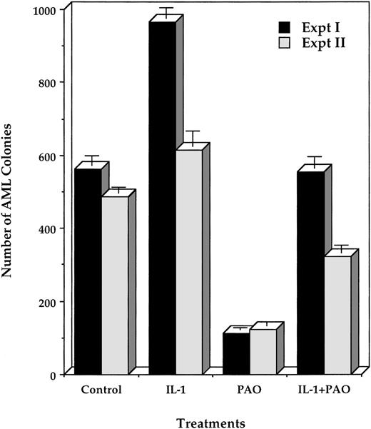 Fig. 11. Effect of PAO and IL-1β on proliferation of AML colony-forming cells. Data from triplicate cultures of marrow samples from patient no. 6 (Expt I) and patient no. 7 (Expt II) are depicted. PAO (0.1 μmol/L) and IL-1β (10 ng) were added at the initiation of culture.
