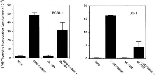Fig. 4. Effects of soluble IL-10 receptor on the proliferation of BCBL-1 and BC-1 cells. Cells (5 × 103 cells/microwell) from the BCBL-1 and BC-1 cell lines were cultured for 3 days with or without the addition of 25% autologous conditioned medium with medium alone or in medium supplemented with soluble IL-10 receptor (100 ng/mL). 3H thymidine was added during the final 20 hours of culture. The results represent the mean (±SD) radioactivity of triplicate cultures. Shown is a representative experiment of 5 performed.