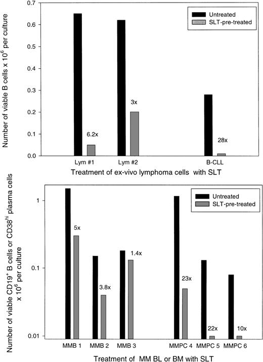 Fig. 6. Pretreatment with SLT-1 depletes malignant B-lymphoma cells, B-CLL, and B or plasma cells from myeloma patients. MNC derived from lymphoma biopsies or PBMC from B-CLL (top panel) or from myeloma blood or BM (bottom panel) were pretreated with 5 μg/mL of SLT-1 for 60 minutes, washed, and cultured for 6 to 11 days. Viable cells were then enumerated and analyzed using anti-CD19 MoAb to detect B cells and anti-CD38 MoAb to detect plasma cells, together with PI staining to identify live versus dead cells. The absolute number of B or plasma cells remaining in cultures was calculated as the percentage of viable CD19+ or CD38+ cells times the number of viable cells per culture. The numerical values indicate the extent of B-cell or plasma cell depletion by SLT-1 as compared with the untreated control cultures. Patient MMB3 was posttransplant and had no detectable clonotypic B cells before harvest of the blood sample used here (not shown).