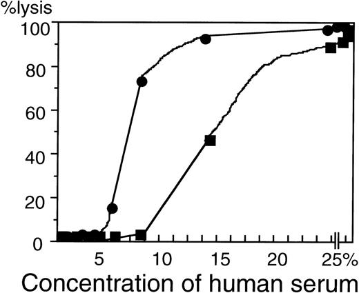 Fig. 4. Acidified serum lysis test. HSA+ (••) and HSA− (•) erythrocytes were incubated with acidified human serum, and percent lysis was determined.