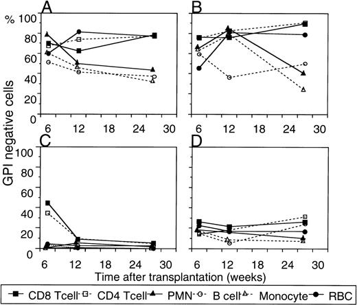 Fig. 6. Percentages of GPI− cells in mice who received a smaller number of fetal liver cells. (A-D) Four mice who received 0.5 million cells of the same pool of mosaic fetal liver cells were monitored for up to 27 weeks after transplantation. Percentages of GPI− cells in various blood cells are shown. Percentages of Ly5.1-positive cells were higher than 90%.