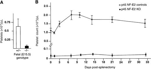 Fig. 6. Role of the spleen in production of thrombocytopenia in p45 NF-E2 knockout mice. (A) Platelet counts from p45 NF-E2 heterozygote (+/−; N = 17) and homozygous mutant (−/−; N = 6) fetuses at embryonic day 15, before functional development of the spleen. Platelet counts, performed manually, likely reflect some dilution of blood samples by tissue fluid. Statistical significance was established using the Student’s t-test (P < .001). (B) Serial platelet counts from p45 NF-E2 knockout (KO; N = 4) and littermate control adult (N = 8) mice before and after splenectomy. Although platelet counts were obtained for up to 50 days after splenectomy, results are shown only for the initial 32 days, after which no significant changes were noted.