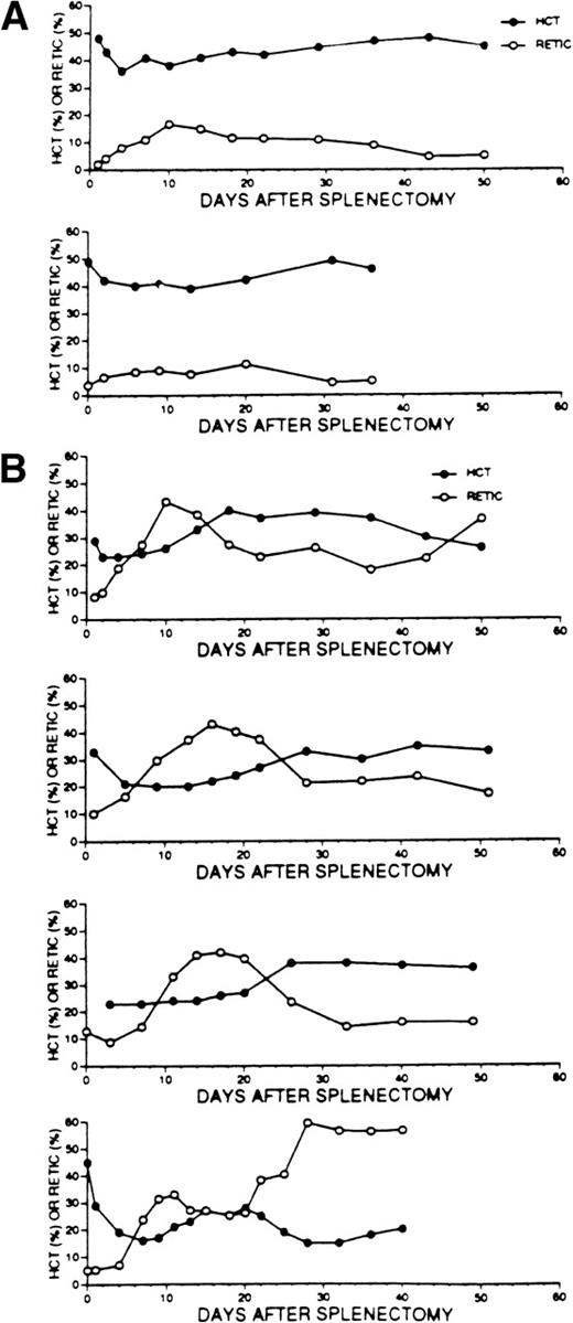 Fig. 9. Consequence of splenectomy on the hematocrit (HCT) and reticulocyte counts (RETIC) of 2 representative control (A) and 4 p45 NF-E2 knockout (B) adult mice followed serially for 36 to 50 days after surgery. The control data are representative of 6 mice.