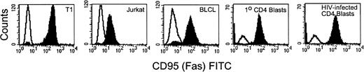 Fig. 3. Flow cytometric analysis of fas expression on target cells. T1, Jurkat, 352-BLCL, and uninfected and HIVIIIB-infected CD4 T-cell blasts (negatively selected for CD4 expression) were stained with fas antibody ZB4 and FITC-conjugated anti-mouse IgG. The unfilled histogram depicts staining with isotype-matched control antibody. Fas expression is upregulated on HIV-infected CD4 T-cell blasts compared with uninfected blasts.