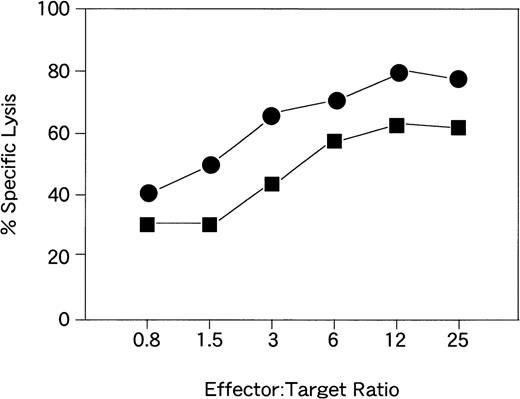 Fig. 2. CTL activities of the EBV-specific CD8+T-cell lines from donors KK (•) and YI (▪).