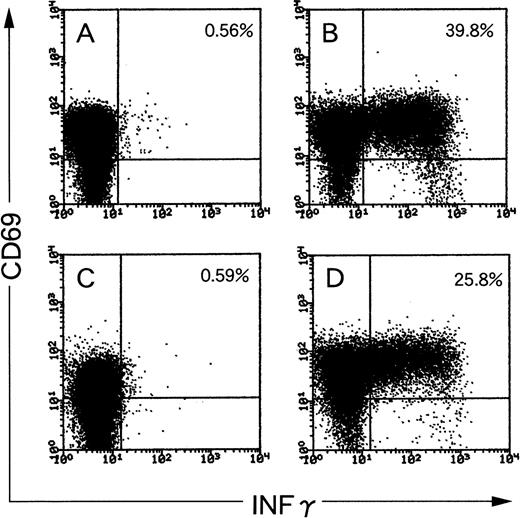 Fig. 3. Flow cytometric analysis of IFNγ production in 2 CD8+ EBV-specific CTL lines from donor KK (A and B) and YI (C and D). (A and C) Unstimulated CTLs; (B and D) CTLs stimulated with autologous LCLs at a responder stimulator ratio of 1. After fixation and permeabilization, the cells were stained for CD8, CD69, and IFNγ. CD8+ cells were gated and analyzed by flow cytometry. The frequency of CD8+/CD69high T cells that produced IFNγ is shown as a percentage of the total number of CD8 cells.