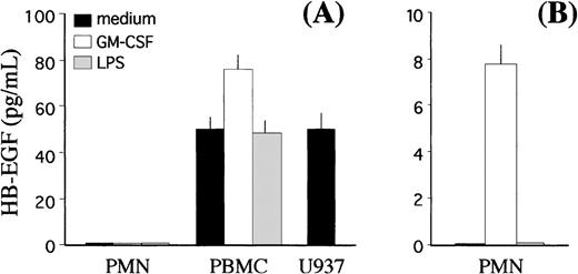 Fig. 8. Release of the soluble form of HB-EGF by PMN and PBMC. GM-CSF treatment induces release of the HB-EGF molecule into the culture medium (P < .05). (A) PMN and PBMC were cultured alone or in the presence of either 0.5 ng/mL GM-CSF or 100 ng/mL LPS. Cell-free SN were collected after 21 hours, and the levels of soluble HB-EGF protein were measured by a specific ELISA. The levels of soluble HB-EGF spontaneously released by the U937 cell line were also determined for comparison. (B) In selected experiments, PMN-derived SN were concentrated approximately 80-fold before ELISA detection. Values represent means (±SD) of duplicate determinations calculated from 3 independent experiments.