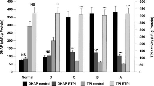 Fig. 2. Reversal of metabolic block in TPI deficiency by exogenous rabbit muscle TPI (RTPI). Lymphoblastoid cells derived from TPI-deficient patients A, B, and C, a heterozygote, D, and a normal subject were cultured in serum-free medium with or without exogenous RTPI (50 U/mL) for 24 hours. Changes in intracellular enzyme activity and DHAP level were measured as described in Materials and Methods. Statistical significance: *P < .05, **P < .01, ***P < .001; NS, not significant.
