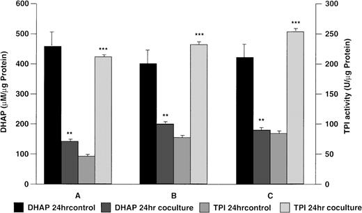 Fig. 3. Reversal of metabolic block in TPI deficiency using a coculture model. Lymphoblastoid cells derived from patients A, B, and C were cocultured for 24 hours in the presence or absence (control) of human K562 erythroleukemia cells in serum free-medium as described in Materials and Methods. Statistical significance: *P < .05, **P < .01, ***P < .001.