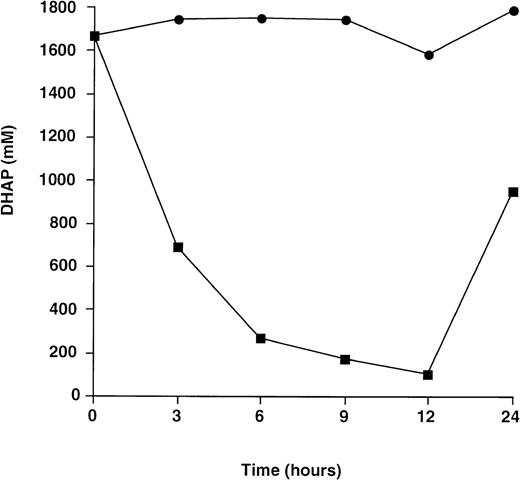 Fig. 4. Change in DHAP level for TPI-deficient lymphoblastoid cells immediately deproteinized in 5% perchloric acid. Cells were cultured in serum-free medium with (▪) or without (•) exogenous rabbit muscle TPI (50 U/mL) and processed as described in Materials and Methods. Each point represents the mean of 1 experiment performed in triplicate.
