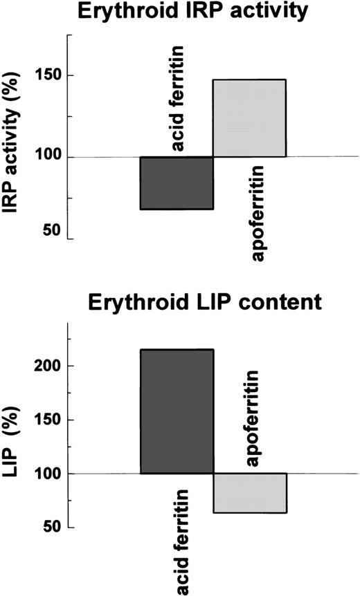 Fig. 8. Effect of ferritin and apoferritin on LIP levels and IRP activity in erythroid cells . Cellular LIP was measured with a fluorescent tracer and cellular IRP activity by electromobility-RNA gel retardation.