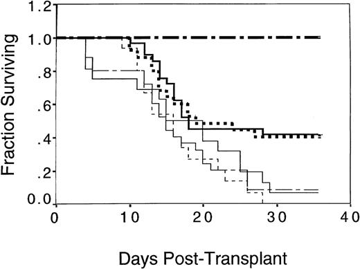 Fig. 9. Enhanced survival of B10.BR mice transplanted with C57.BL6 BM cells and irradiated C57.BL6 splenocytes depended on the presence of splenic T cells. Data are pooled from 3 experiments in which groups of 8 to 10 B10.BR mice were irradiated with 10 Gy on day −2 and transplanted with 0.5 × 106 C57.BL6 allogeneic BM cells and splenocytes or 0.5 × 106 syngeneic B10.BR BM cells on day 0. Allogeneic splenocytes were prepared daily from C57.BL6 mice, TCD, or TCE, as described in Materials and Methods, and irradiated to 7.5 Gy immediately before injection on days −1, 0, and +1. One group of 5 B10.BR mice received syngeneic B10.BR BM (▪▪ ▪); a second group of 25 B10.BR mice received a total of 75 × 106 C57.BL6 irradiated splenocytes with C57.BL6 BM (▪▪); a third group of 16 B10.BR mice received C57.BL6 BM alone (____); a fourth group of 25 B10.BR mice received a total of 60 × 106C57.BL6 TCD irradiated splenocytes with C57.BL6 BM (–— –); a fifth group of 29 B10.BR mice received a total of 15 × 106 C57.BL6 TCE irradiated splenocytes with C57.BL6 BM (▪▪▪); and a sixth group of 15 mice received a total of 75 × 106 nonirradiated C57.BL6 splenocytes with C57.BL6 BM (– – –). A significantly superior survival was found for both the groups of mice receiving multiple infusions of irradiated allogeneic splenocytes and the group receiving TCE irradiated allogeneic splenocytes compared with the group that received nonirradiated splenocytes (P < .01); the group that received TCD allogeneic splenocytes (P ≤ .01); and the group that received syngeneic BM (P < .05).
