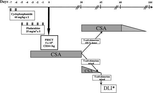 Fig. 1. Nonmyeloablative trans- plant protocol. PBSCT, peripheral blood stem cells transplant; DLI*, donor lymphocyte infusion. Patients received incremental doses of lymphocytes every 30 days until 100% donor T-cell chimerism, AGVHD, graft rejection, or a disease response occurred.