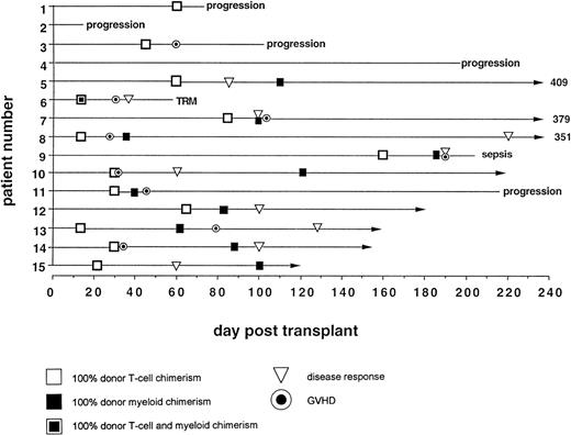 Fig. 6. Relationship of T-cell chimerism to posttransplant alloresponses.