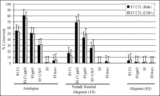 Fig. 6. CMV pp65-specific cytotoxicity was HLA class I-restricted. Bulk and CD8-enriched CTL from donor ST showed cytotoxicity against HLA class I partially matched allogeneic targets (AD), which shared HLA A2 and B44 with donor ST. There was no specific lysis of the complete allogeneic targets (SQ). (E:T ratio, 12.5:1)