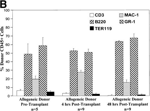 Fig. 3. These charts summarize the phenotypic profile of the donor cell population at various stages: pretransplant and within the recipient fetal liver at 4 and 48 hours posttransplant. The percentage of donor CD45+ cells expressing each of the differentiation antigens listed is shown for each time point in either the congenic (A) or allogeneic (B) strain combination.