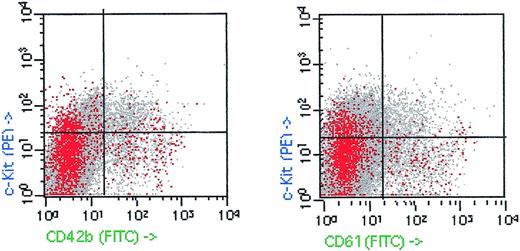 Fig. 1. c-Kit, CD42b, (GP Ib), and CD61 (GP IIIa) expression on human leukapheresis product after mobilization with rhG-CSF. CD34+/CD14− low side scatter cells are shown in red. Fifty thousand events were acquired.