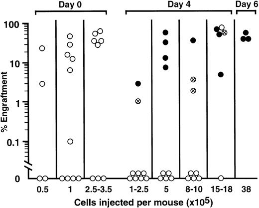 Fig. 3. The engraftment levels of NOD/SCID recipients injected with uncultured or ex vivo–transduced cells. / The percentages of human cells within the marrow of NOD/SCID mice transplanted with uncultured Lin− CB or ex vivo–transduced Lin− CB are shown. Values are derived from flow cytometric analysis where engraftment exceeded 5% and Southern blot quantification of all others. The dose of injected cells is shown on the X axis. Closed circles represent mice containing EGFP+ human cells, crossed circles indicate mice in which the human cells did not contain EGFP, and open circles show mice that could not be assessed for human cell transduction.
