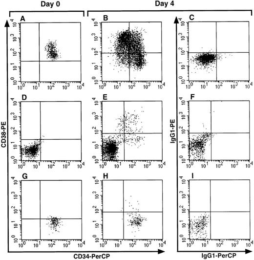 Fig. 6. Sorted Lin−CD34+CD38+ and Lin−CD34−CD38− cells can become CD34+CD38− during ex vivo culture. / This representative experiment (n = 3) shows a Lin−CB sample sorted to obtain CD34+CD38+ (A), CD34−CD38− (D), and CD34+CD38− (G) fractions. These fractions were individually cultured for 4 days in ex vivo expansion conditions. Their CD34/CD38 phenotypes after 4 days in culture are shown in (B), (E), and (H), respectively. Cultured cells labeled with PerCP- and PE-conjugated mouse immunoglobulin G as isotype controls are shown in (C), (F), and (I), respectively.