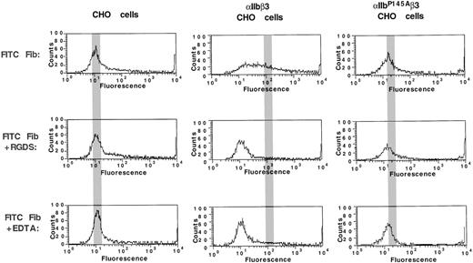 Fig. 5. FITC-fibrinogen binding to CHO cells expressing IIbP145Aβ3. / Untransfected CHO cells and CHO cells expressing comparable levels of either wild-type αIIbβ3 or mutant αIIbP145Aβ3 were incubated with 200 μg/mL FITC-fibrinogen in the absence or presence of the αIIbβ3-activating β3-specific monoclonal antibody PT25-2. The amount of FITC-fibrinogen bound was then determined by flow cytometry. Reduction of fibrinogen binding to baseline levels by 1 mM RGDS and 1 mM EDTA indicates that the binding was αIIbβ3-specific. The gray bar indicates the location of the mean fluorescence intensity in the histograms of cells incubated with PT25-2.